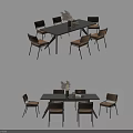 Modern Rectangular Dining Table Set with Six Chairs and Decorative Plant Vase 3d model
