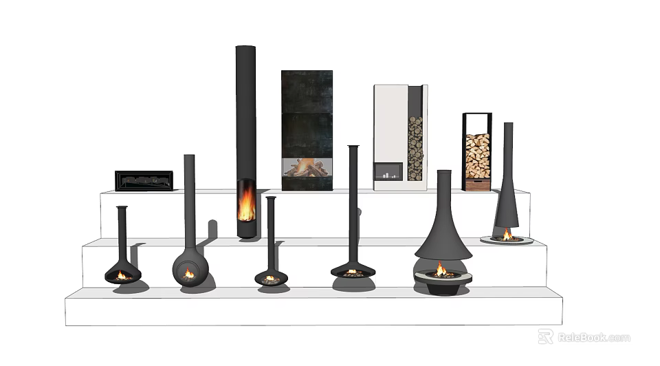 Modern Fireplace Models In Various Designs Showcased On Display Stands 3d model