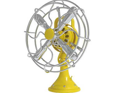 Vintage Electric Fan With Yellow Base And Silver Metal Blades And Protective Grill 3d model