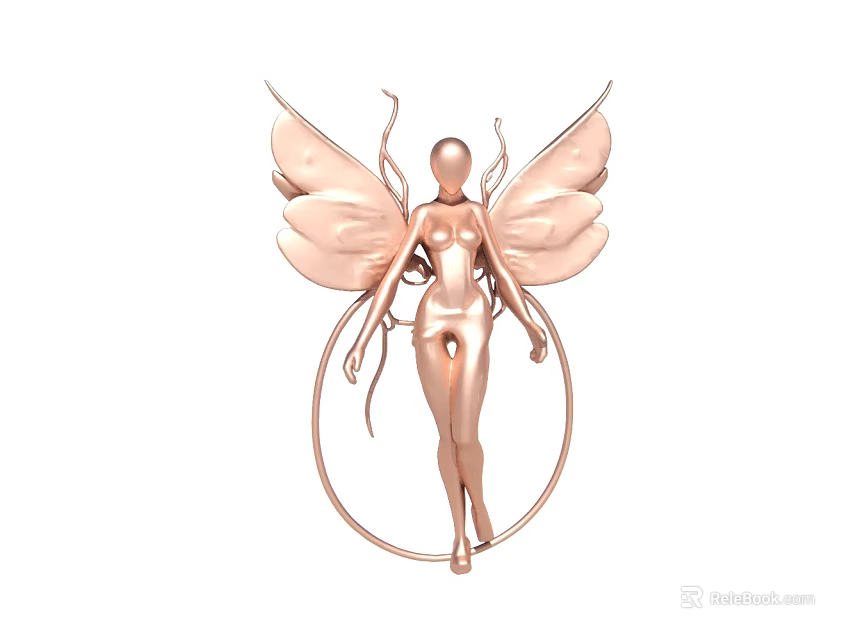 Rose Gold Fairy Figurine with Delicate Wings Standing in Circular Ring Decorative Ornament 3d model 