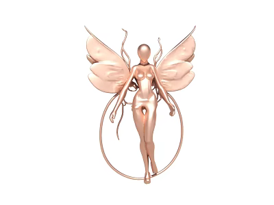 Rose Gold Fairy Figurine with Delicate Wings Standing in Circular Ring Decorative Ornament 3d model