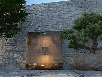 Garden Ornament Featuring Gray Stone Wall Glass Display Wooden Interior Pine Tree And Large Stone 3d model