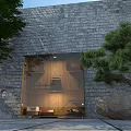 Garden Ornament Featuring Gray Stone Wall Glass Display Wooden Interior Pine Tree And Large Stone