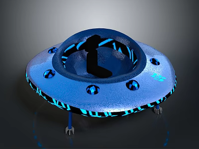 Alien Silhouette Inside Blue Glowing UFO With Circular Lights And Metallic Structure 3d model