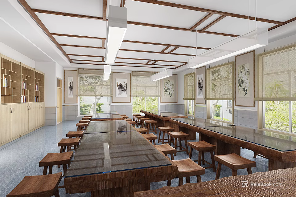 School Classroom Interior With Long Tables Wooden Stools Wooden Ceiling Hanging Lights And Bookshelves 3d model 