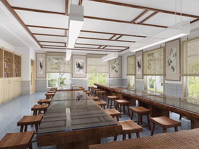 School Classroom Interior With Long Tables Wooden Stools Wooden Ceiling Hanging Lights And Bookshelves 3d model
