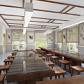 School Classroom Interior With Long Tables Wooden Stools Wooden Ceiling Hanging Lights And Bookshelves