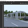 Modern White Pergola With Lattice Structure Near Parking Lot And Green Trees