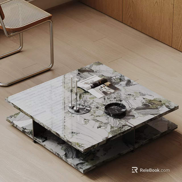 Modern Coffee Table With Marble Pattern Top Magazines Black Tray And Wooden Floor 3d model 