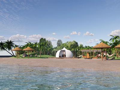 Tropical Beach Resort Scene With White Tent Thatched Umbrellas Palm Trees And People Relaxing 3d model