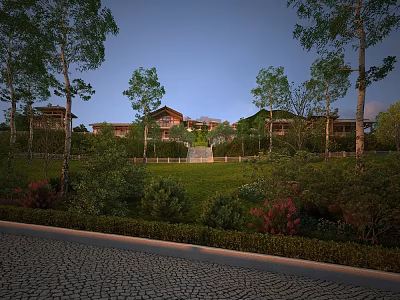 Traditional Ancient Architecture Surrounded By Lush Trees And Green Garden With Stone Path 3d model