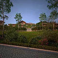 Traditional Ancient Architecture Surrounded By Lush Trees And Green Garden With Stone Path