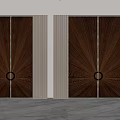 Elegant Wooden Double Doors With Radiating Pattern Golden Ring Handles And Light Stone Frames 3d model