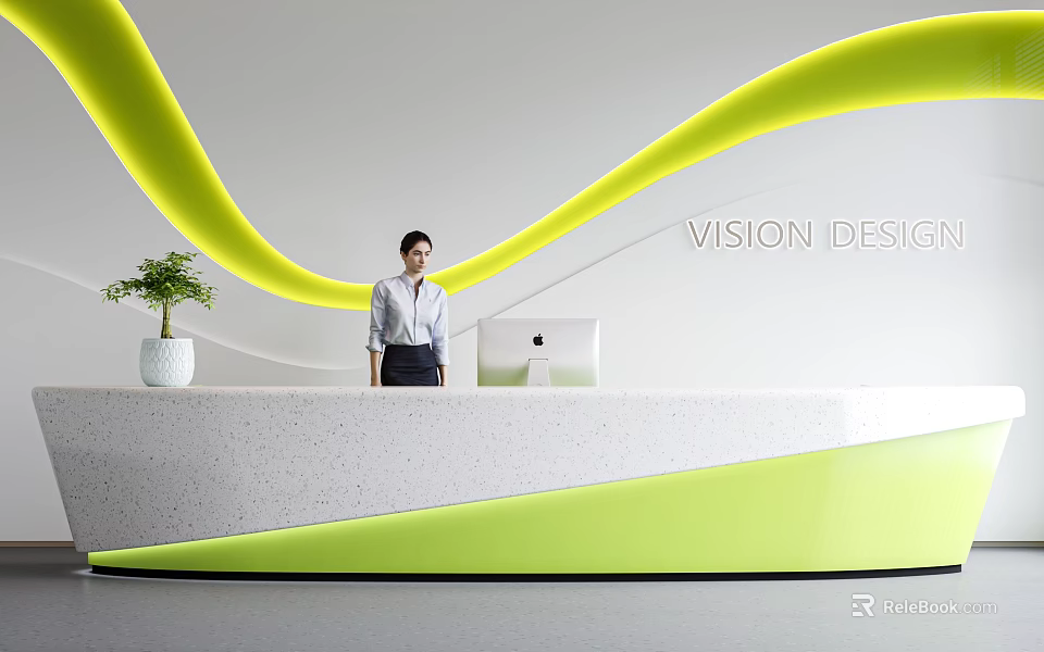 Modern Reception Desk With Green Wavy Decor Vision Design Sign Receptionist And Laptop 3d model 