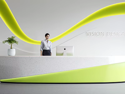 Modern Reception Desk With Green Wavy Decor Vision Design Sign Receptionist And Laptop 3d model