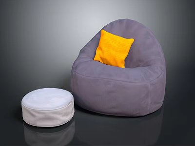 Gray Bean Bag Chair with Yellow Pillow and White Small Round Stool in Living Room 3d model