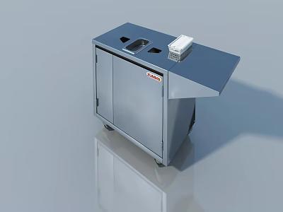 Gray Metal Public Facility Storage Cabinet with Countertop Compartments and Wheels 3d model