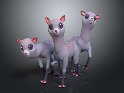 Three Cute Cartoon Deer Characters with Big Eyes Pink Feet and Gray Fur 3d model