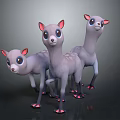 Three Cute Cartoon Deer Characters with Big Eyes Pink Feet and Gray Fur