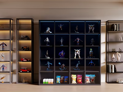 Modern Display Cabinet With Glass Doors Showing Collectibles Models Toy Cars And Snacks On Shelves 3d model