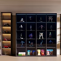 Modern Display Cabinet With Glass Doors Showing Collectibles Models Toy Cars And Snacks On Shelves