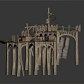 Rustic Wooden Dock Building With Multiple Platforms Ropes Barrels And Support Beams