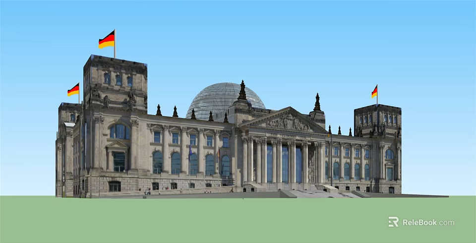 Classical Style Office Building With Dome Columns And German Flags Exterior 3d model