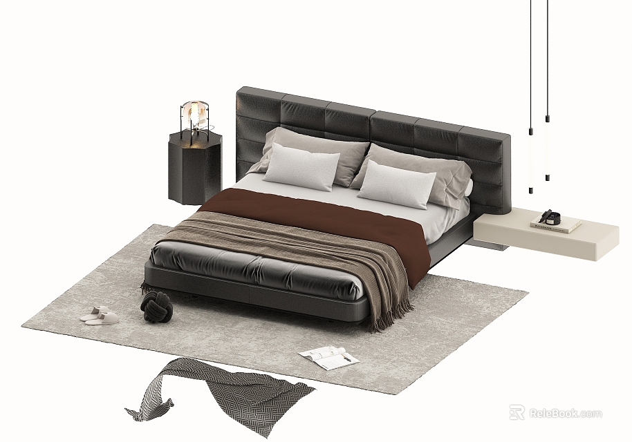 Modern Double Bed with Leather Headboard White Pillows Brown Blanket and Nightstands on Rug 3d model 