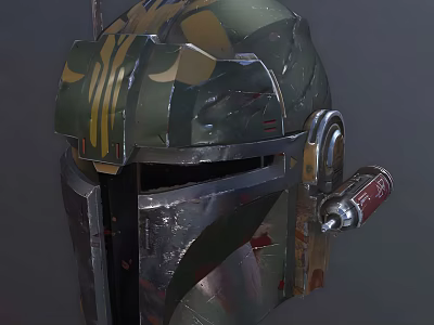 Mandalorian Style Helmet with Green Yellow Camo Design Metallic Armor And Worn Surface Details 3d model