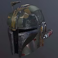 Mandalorian Style Helmet with Green Yellow Camo Design Metallic Armor And Worn Surface Details