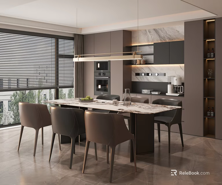 Modern Restaurant Interior With Dining Table Marble Countertop Chairs And Hanging Lights 3d model 