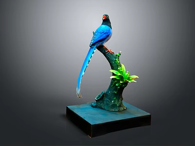 Blue Bird Sculpture Perched On Green Branch With Green Leaves And Blue Base 3d model