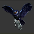 Blue Owl With Spread Wings Clutching Small White Ghost On Dark Background