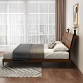 Modern Double Bed with Wooden Headboard Decorative Painting Nightstands Table Lamp Pillows on Wooden Floor