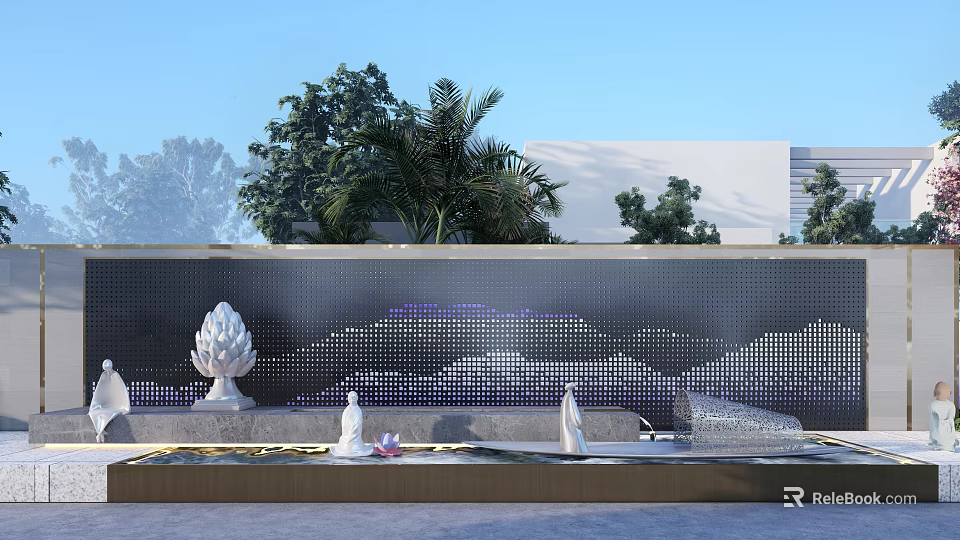 Contemporary Scenic Wall Design With Water Feature White Sculptures And Green Plants 3d model 