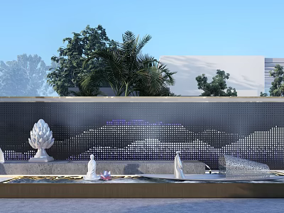 Contemporary Scenic Wall Design With Water Feature White Sculptures And Green Plants 3d model