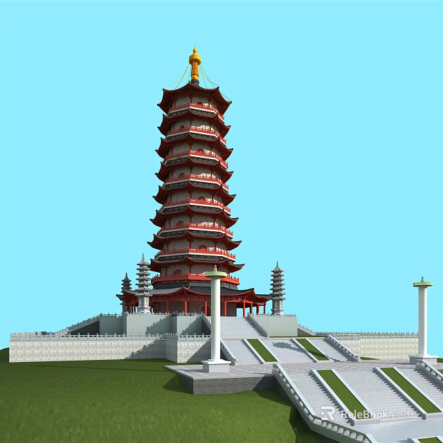 Traditional Red And Gold Multi Tiered Pagoda With Stone Steps And Blue Sky Background 3d model 