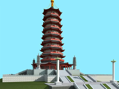 Traditional Red And Gold Multi Tiered Pagoda With Stone Steps And Blue Sky Background 3d model