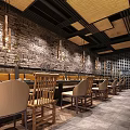 Elegant Restaurant Interior With Round Dining Table Light Chairs Woven Ceiling And Ink Painting Wall