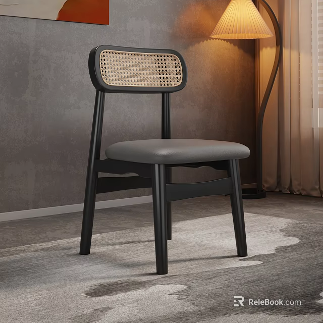 Modern Leisure Chair With Black Frame Rattan Backrest And Gray Padded Seat Design 3d model 