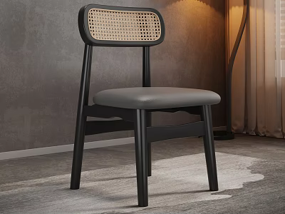 Modern Leisure Chair With Black Frame Rattan Backrest And Gray Padded Seat Design 3d model