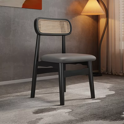 Modern Leisure Chair With Black Frame Rattan Backrest And Gray Padded Seat Design 3d model