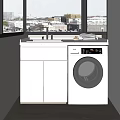 Modern White Bathroom Cabinet Design With Sink Faucet Towels And Washing Machine