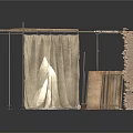 Industrial Equipment With Metal Support Frames Canvas Covering And Stacked Wooden Panels
