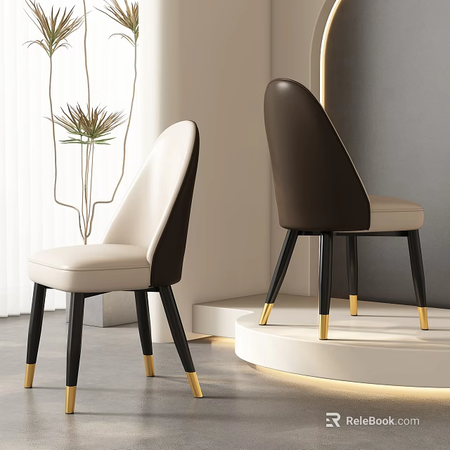 Modern Minimalist Upholstered Dining Chairs In Beige And Brown With Black Legs And Gold Accents 3d model 