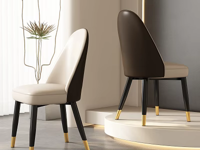 Modern Minimalist Upholstered Dining Chairs In Beige And Brown With Black Legs And Gold Accents 3d model