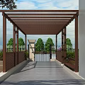 Wooden Pergola With Lattice Design In Outdoor Garden Area With Bench And Fence