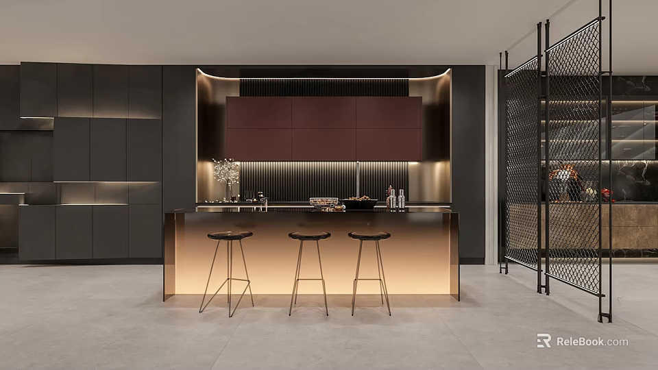 Modern Kitchen Interior Design With Dark Cabinets Island Counter And Three Stools 3d model 