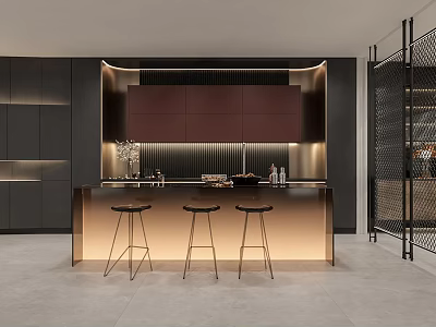 Modern Kitchen Interior Design With Dark Cabinets Island Counter And Three Stools 3d model