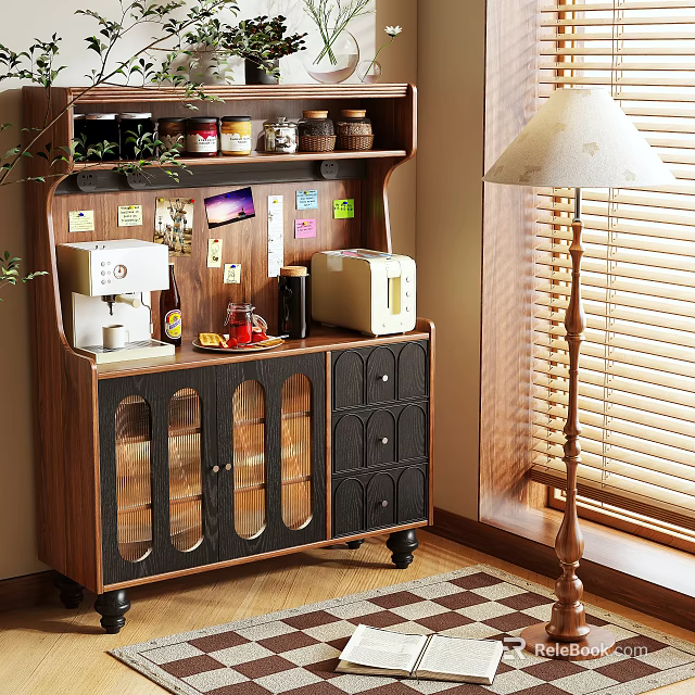 Wooden Sideboard With Glass Doors Coffee Maker Storage Jars And Decorations 3d model 